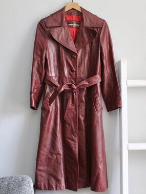 Country Pacer Vintage 70's Burgundy Leather Trench Coat Midi Length Size Small